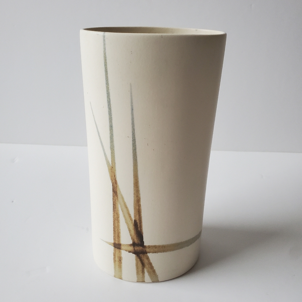 Vintage Peter Shoebridge Toronto Studio Art Pottery Oval Cylinder Vase about 8"